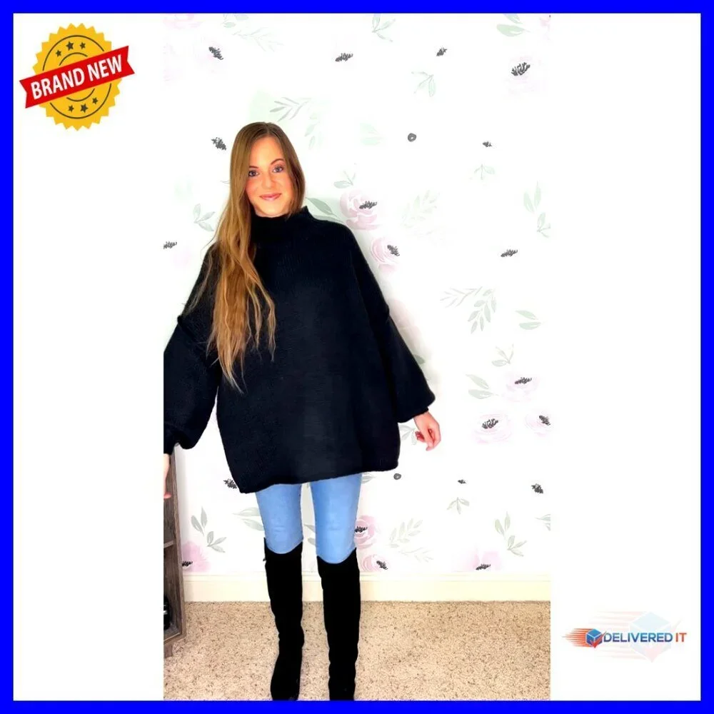 Oversized Mock Neck Batwing Sweater Ribbed Knit Tunic Casual Chic Fall